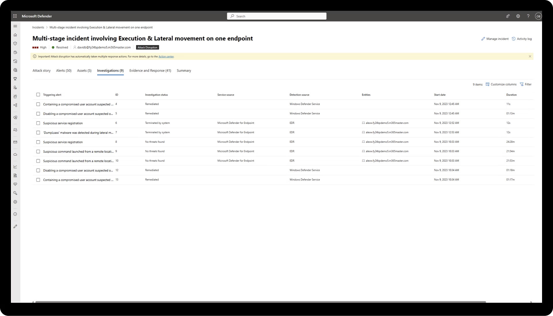 Imagen del panel de comandos terminales sospechosos de Microsoft Defender para Empresas en una pantalla de equipo portátil Recuperar Vuelve a ponerte en marcha rápidamente después de un ciberataque con capacidades automatizadas de investigación y corrección que examinan y responden a las alertas.